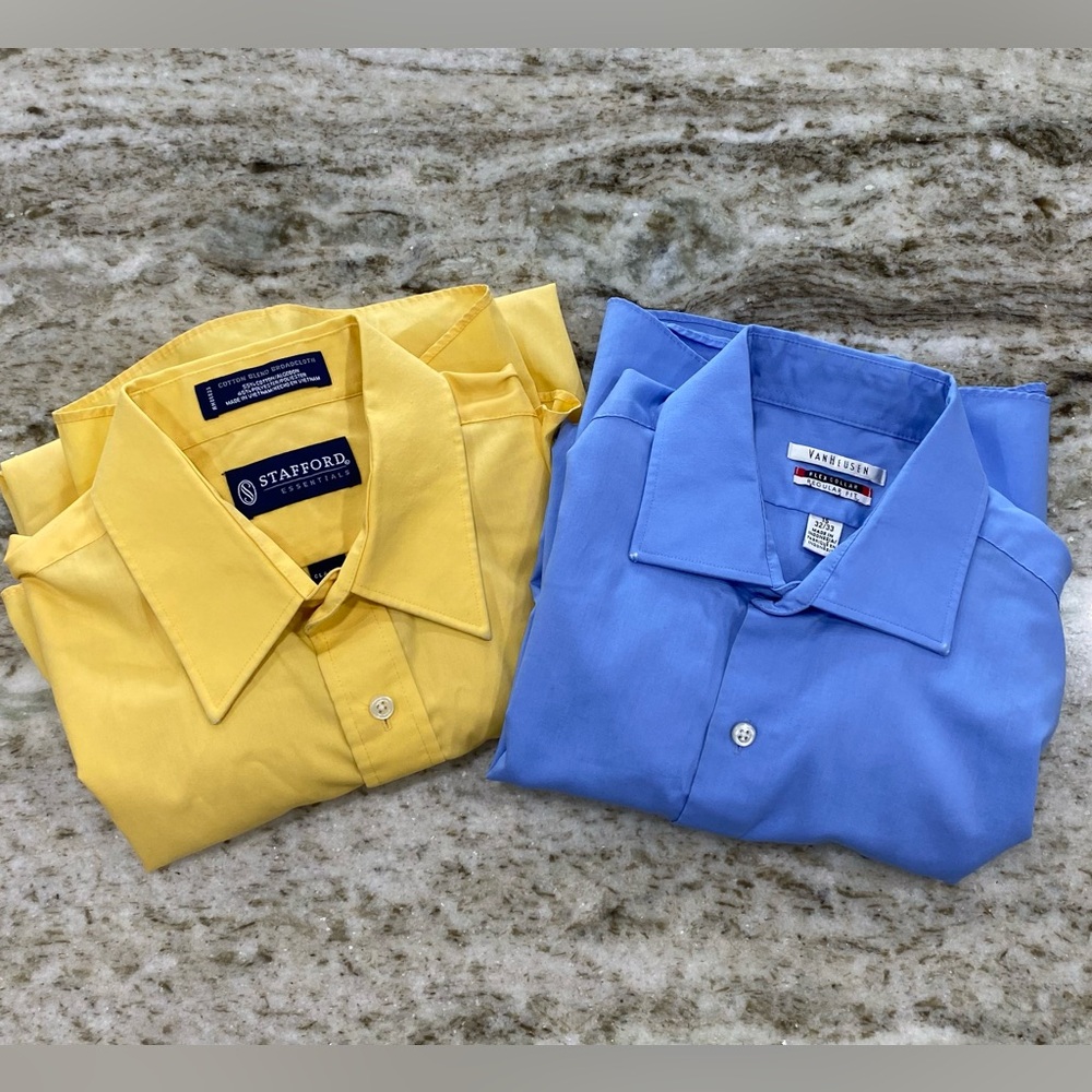 Set of 2 dress shirts. Blue Van Heusen, Yellow STAFFORD 15-15.5. 32/33